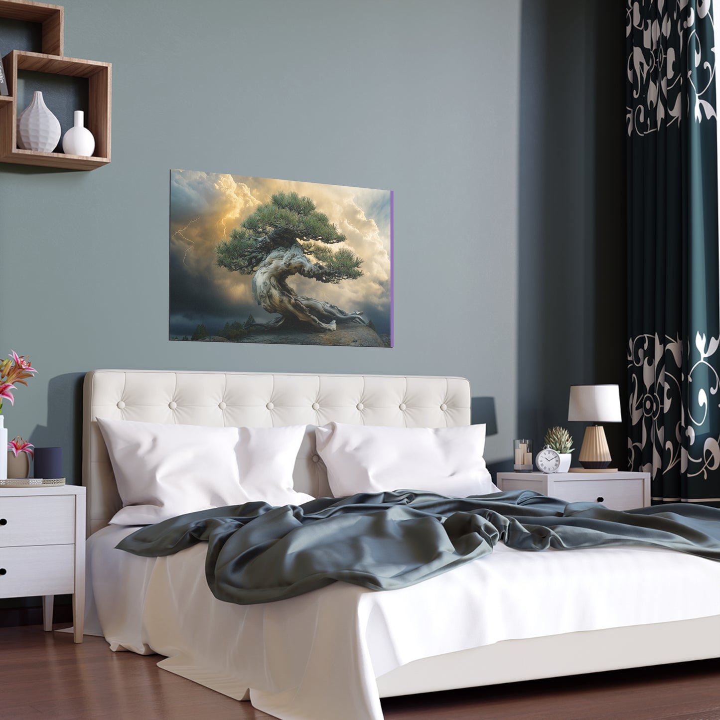 Bonsaitree in the Storm, Pinetree Bonsai Indoor and Outdoor Silk Posters