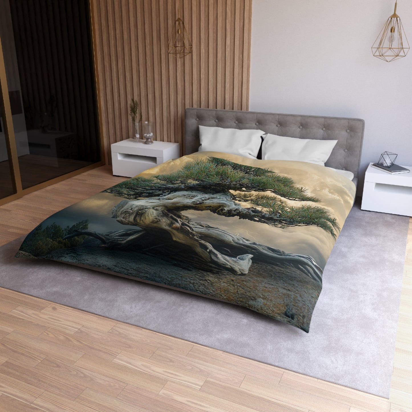 Endure the Storm, Majestic Bonsai Landscape, Pinetree lightweight woven microfiber Duvet