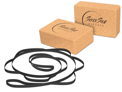 Yoga Block - 2 Pack with Yoga Strap Set - Durable and Supportive Natural Cork Block for Yoga, Pilates, and Meditation - Improve Balance and Flexibility