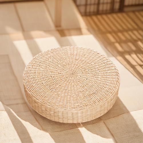 Tatami Floor Pillow Sitting Cushion, Round Pouf Floor Seat Cushion Hand-Woven Tatami Seat Cushion Floor Straw Mat Soft Yoga Mat for Outdoor Seat