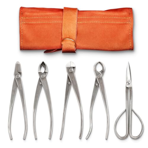 Bonsai Tool Set - 5-Piece Stainless Steel Bonsai Tools with Genuine Leather Case, Bonsai Scissors, Branch Cutter, Wire Cutter, Jin Plier, Knob Cutter for Bonsai Care and Gardening