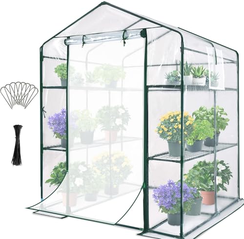 Quictent Greenhouse for Outdoors, Mini Walk-in Portable Flower Garden Plant Kit Outside, Heavy Duty 3 Tiers 8 Shelves Steel Frame & Durable Cover W/ Screen Door & Window, 4.7x4.7x6.4 FT, Clear