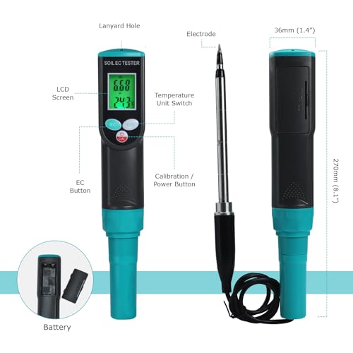 Digital EC Soil Meter, 2-in-1 EC and Temperature Tester with Wired IP67 Electrode for Agricultural, Farming, Gardening, Lawn, Outdoor&Indoor Plants Use