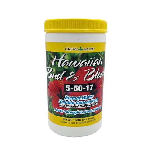 Grow More Urea-Free Hawaiian Bud and Bloom 5-50-17 Fertilizer - 1.5lb of Water Soluble Bloom Booster Fertilizer for Flowers - High Phosphorus Flower Food for Enhanced Bud Formation & Vigorous Blooms