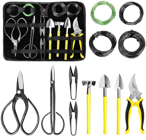 MOSFiATA Bonsai Tools Set 13 Pcs High Carbon Steel Succulent Gardening Trimming Tools Set Include Pruning Shears, Scissors, Mini Rake, Round and Pointed Shovel &Training Wire in PU Leather Bag