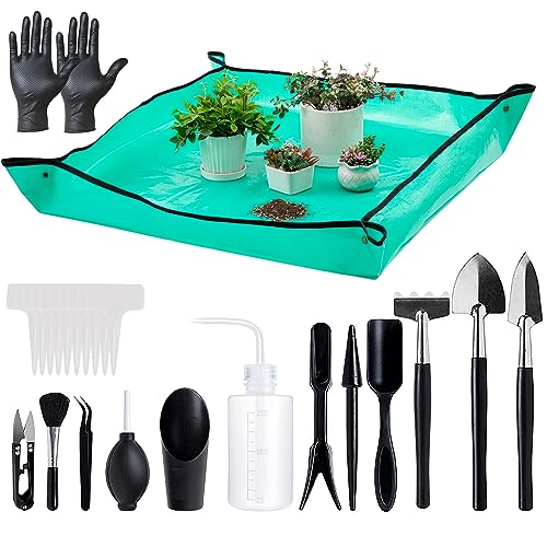 Melphoe 25Pcs Mini Garden Hand Transplanting Succulent Tools Set, 39.4" Thickened Repotting Mat & Plant Tag, Miniature Planting Indoor Fairy Care, Potting, Cactus, Houseplant Bonsai Tool Kit (Black)