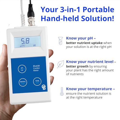 Bluelab METCOM Combo Meter for pH, Temperature, Conductivity (Nutrient) in Water with Easy Calibration, Digital TDS/PPM Tester for Hydroponic System and Indoor Plants