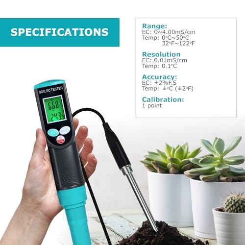 Digital EC Soil Meter, 2-in-1 EC and Temperature Tester with Wired IP67 Electrode for Agricultural, Farming, Gardening, Lawn, Outdoor&Indoor Plants Use