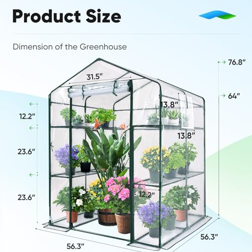 Quictent Greenhouse for Outdoors, Mini Walk-in Portable Flower Garden Plant Kit Outside, Heavy Duty 3 Tiers 8 Shelves Steel Frame & Durable Cover W/ Screen Door & Window, 4.7x4.7x6.4 FT, Clear