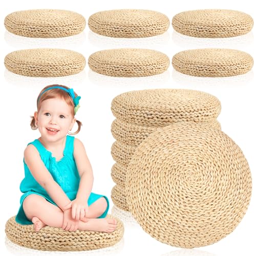 Barydat 6 Pcs Floor Pillow Round Large Pillow Seating Meditation Floor Pillow Boho Natural Woven Seat Cushion Japanese Floor Tatami Cushion for Yoga Room Balcony Chair Pad, 15.75 Inch (Cute)