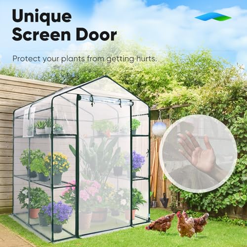 Quictent Greenhouse for Outdoors, Mini Walk-in Portable Flower Garden Plant Kit Outside, Heavy Duty 3 Tiers 8 Shelves Steel Frame & Durable Cover W/ Screen Door & Window, 4.7x4.7x6.4 FT, Clear