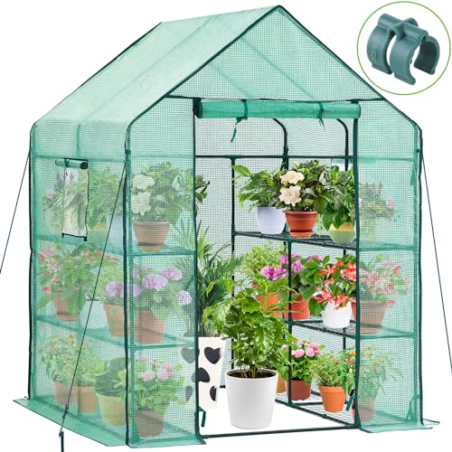 Ohuhu Greenhouse for Outdoors with Screen Windows, Walk in Plant Greenhouses Heavy Duty with Durable PE Cover, 3 Tiers 12 Shelves Stands 4.8x4.8x6.3 FT Plastic Portable Green House with Shelf Clips