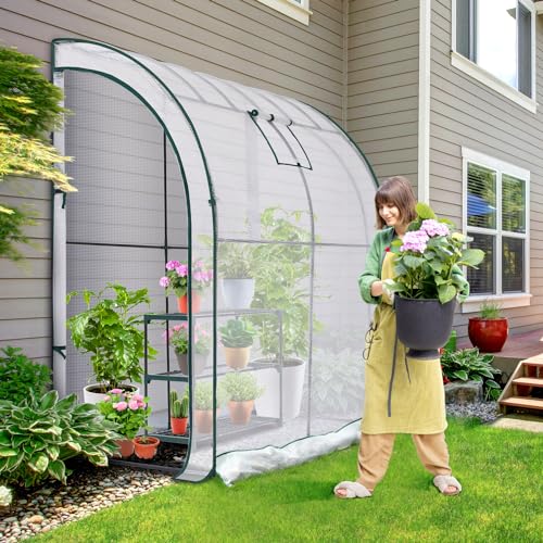 Lean to Greenhouse with 3-Tier Shelves: Ohuhu Portable Walk-in Wall Mounted Green House with Mesh Windows, 79"x39"x83" Reinforced Lean-to Wall Greenhouses with 2 Roll-Up Zipper Doors for Outdoors