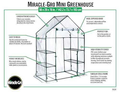 Miracle-Gro 4'8" x 29" x 6'5" All-Season Mini Walk-in Greenhouse with 4 Wire Shelves for Outdoors, Easy-Access and Durable, Translucent