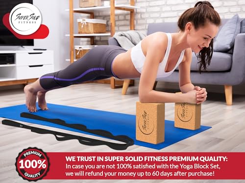 Yoga Block - 2 Pack with Yoga Strap Set - Durable and Supportive Natural Cork Block for Yoga, Pilates, and Meditation - Improve Balance and Flexibility