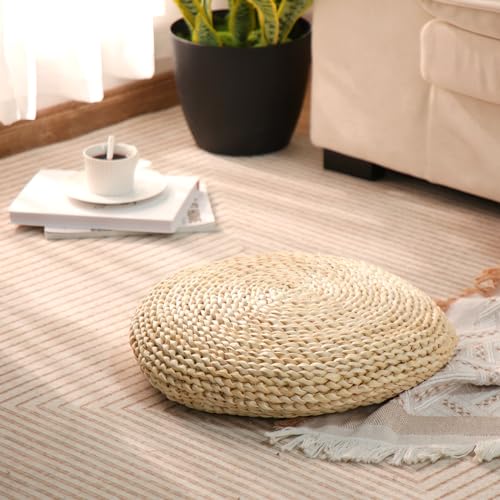 Barydat 6 Pcs Floor Pillow Round Large Pillow Seating Meditation Floor Pillow Boho Natural Woven Seat Cushion Japanese Floor Tatami Cushion for Yoga Room Balcony Chair Pad, 15.75 Inch (Cute)