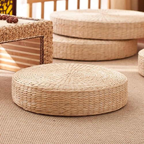 Tatami Floor Pillow Sitting Cushion, Round Pouf Floor Seat Cushion Hand-Woven Tatami Seat Cushion Floor Straw Mat Soft Yoga Mat for Outdoor Seat