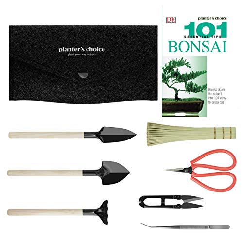 Planters' Choice Premium Bonsai Tool Kit + Bonsai 101 Book -Set Includes:Wooden Rake, Long & Wide Spades, Scissors, Tweezers, Bamboo Brush, & Pruning Shears (Trimmer/Clipper) in Fabric Storage Holder