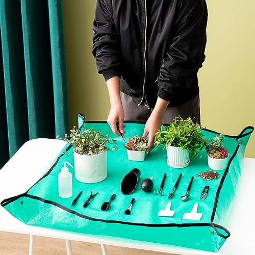 Melphoe 25Pcs Mini Garden Hand Transplanting Succulent Tools Set, 39.4" Thickened Repotting Mat & Plant Tag, Miniature Planting Indoor Fairy Care, Potting, Cactus, Houseplant Bonsai Tool Kit (Black)