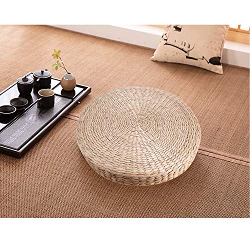 Ejoyous Tatami Seat Cushion, 15.75 x 2.36in Handmade Woven Straw Pouf Floor Seat Cushion Japanese Futon Round Knitted Meditation Pillow Cushion for Home Outdoor Decorative Seat