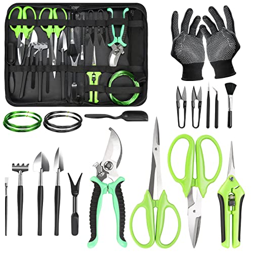 Bonsai Tool Kit, 21 Pcs Gardening Tools Set Include Garden Pruning Shears, Plant Trimming Scissors, Training Wire, Succulent Tool, Leather Bag Storage, Gardening Gifts for Women, Plant Lovers