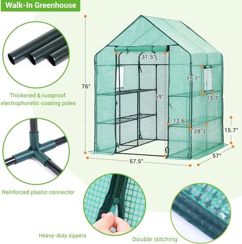 Ohuhu Greenhouse for Outdoors with Screen Windows, Walk in Plant Greenhouses Heavy Duty with Durable PE Cover, 3 Tiers 12 Shelves Stands 4.8x4.8x6.3 FT Plastic Portable Green House with Shelf Clips