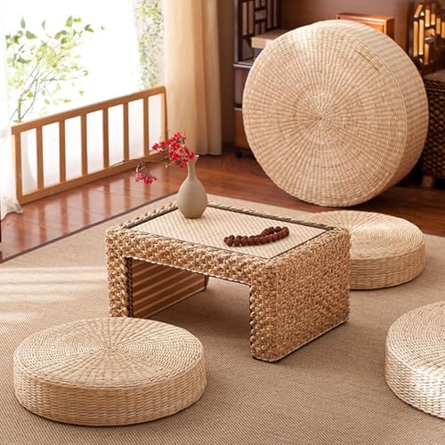 Tatami Floor Pillow Sitting Cushion, Round Pouf Floor Seat Cushion Hand-Woven Tatami Seat Cushion Floor Straw Mat Soft Yoga Mat for Outdoor Seat