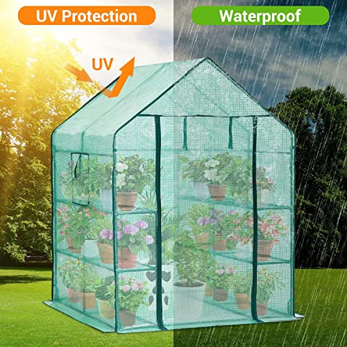 Ohuhu Greenhouse for Outdoors with Screen Windows, Walk in Plant Greenhouses Heavy Duty with Durable PE Cover, 3 Tiers 12 Shelves Stands 4.8x4.8x6.3 FT Plastic Portable Green House with Shelf Clips