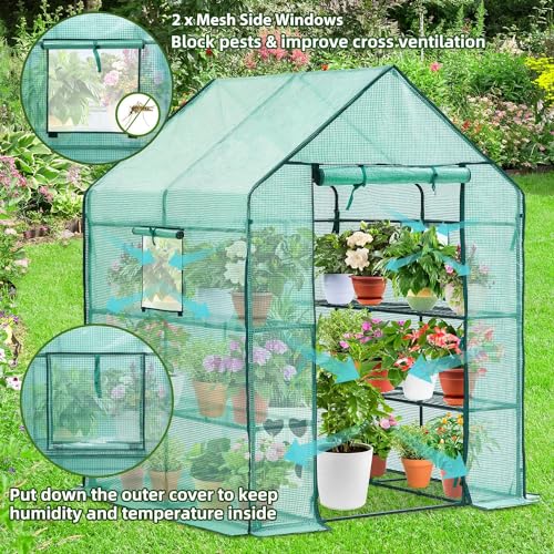 Ohuhu Greenhouse for Outdoors with Screen Windows, Walk in Plant Greenhouses Heavy Duty with Durable PE Cover, 3 Tiers 12 Shelves Stands 4.8x4.8x6.3 FT Plastic Portable Green House with Shelf Clips