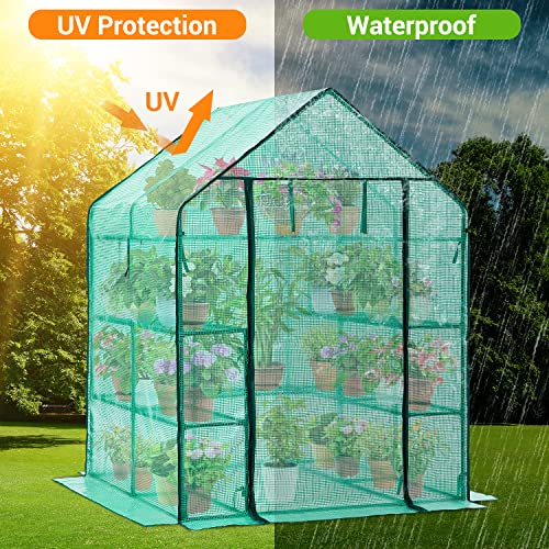 Greenhouse for Outdoors with Screen Windows, Ohuhu Upgraded 4 Tiers 11 Shelves Walk-in Greenhouses with Durable PE Cover, Outside Garden Plastic Green House with Ground Pegs & Ropes for Stability