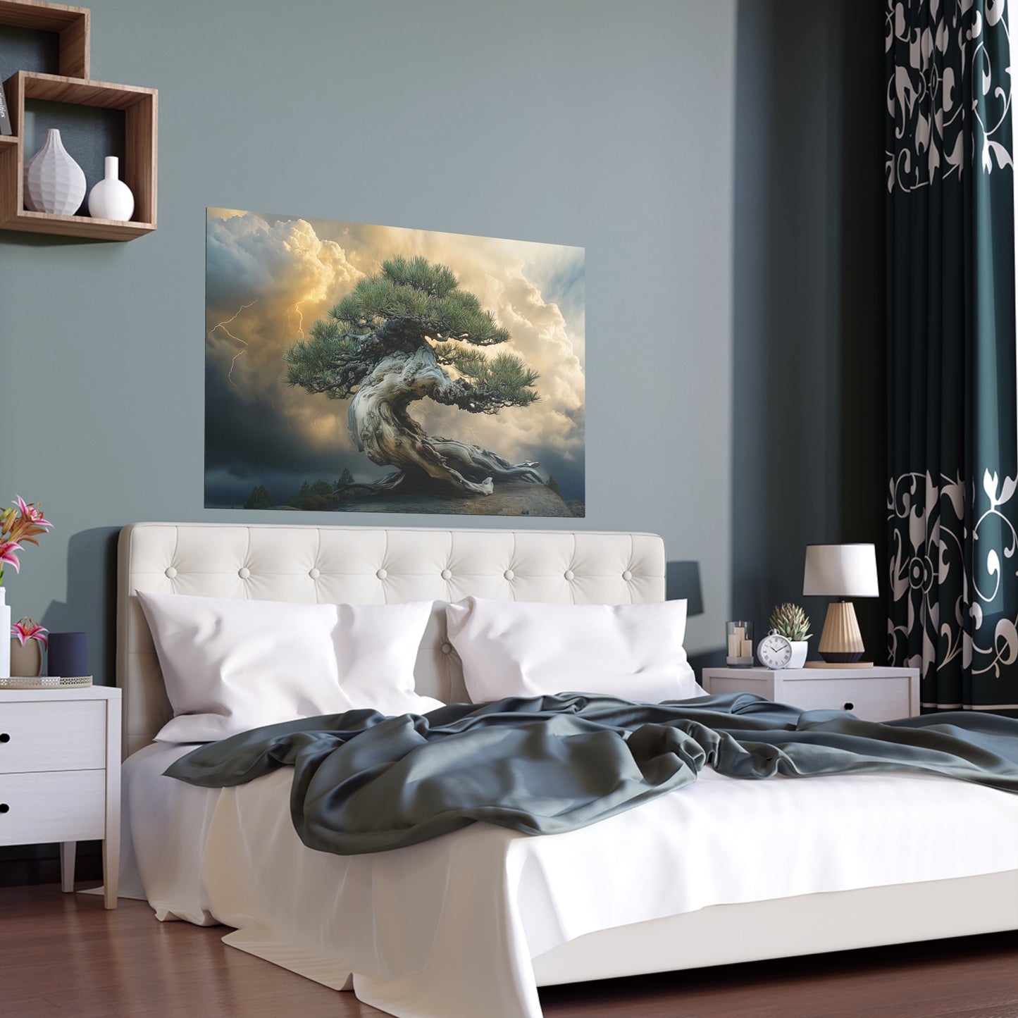 Bonsaitree in the Storm, Pinetree Bonsai Indoor and Outdoor Silk Posters