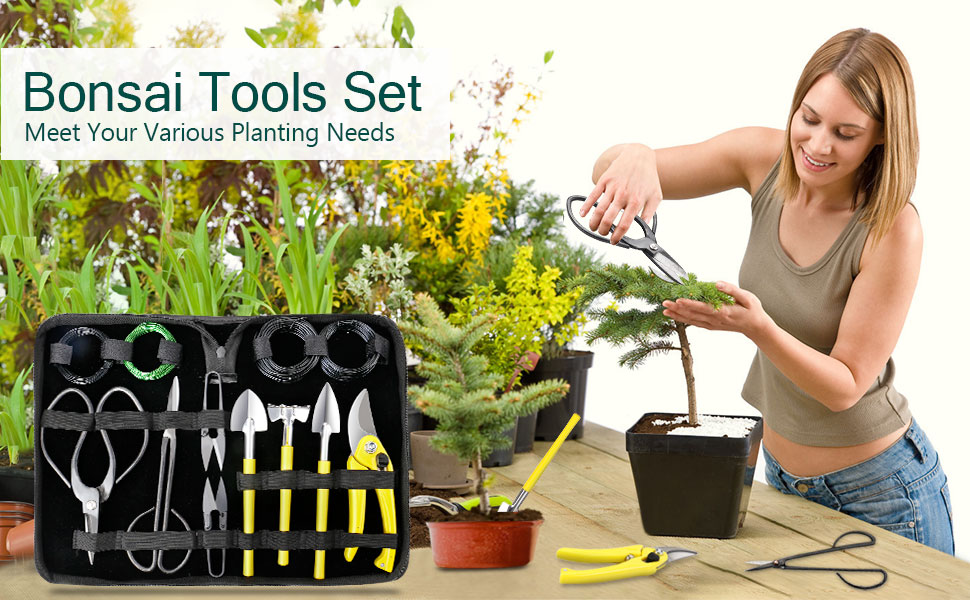 MOSFiATA Bonsai Tools Set 13 Pcs High Carbon Steel Succulent Gardening Trimming Tools Set Include Pruning Shears, Scissors, Mini Rake, Round and Pointed Shovel &Training Wire in PU Leather Bag