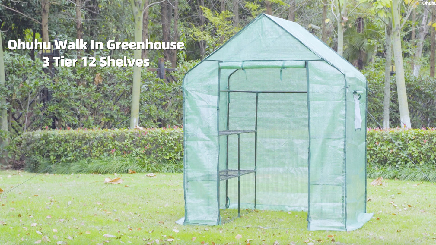 Ohuhu Greenhouse for Outdoors with Screen Windows, Walk in Plant Greenhouses Heavy Duty with Durable PE Cover, 3 Tiers 12 Shelves Stands 4.8x4.8x6.3 FT Plastic Portable Green House with Shelf Clips